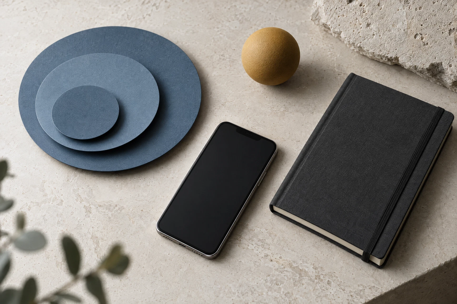 Nested blue grey paper circles, generic phone and closed charcoal notebook