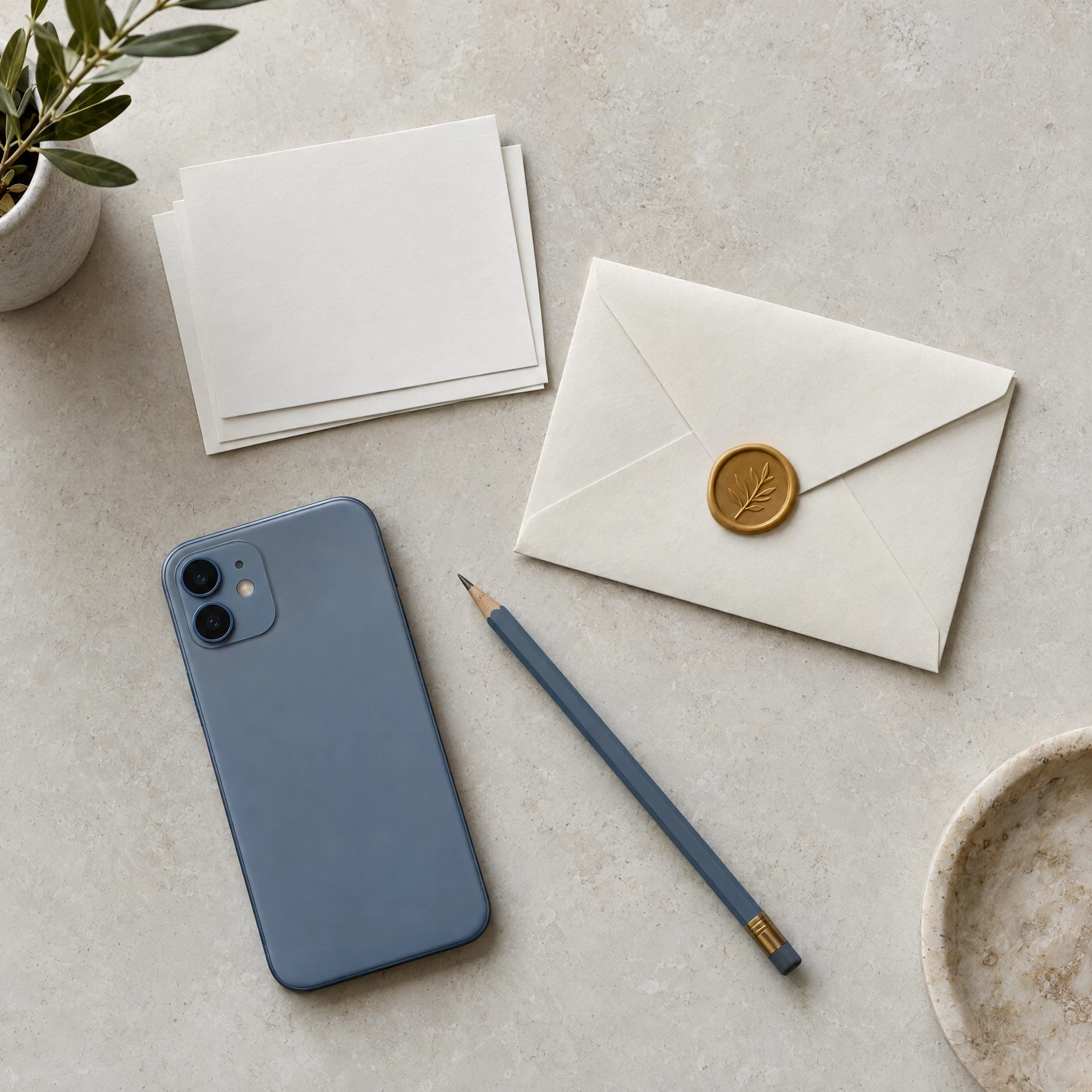 Blank policy cards, a closed envelope and unbranded phone on a pale stone surface