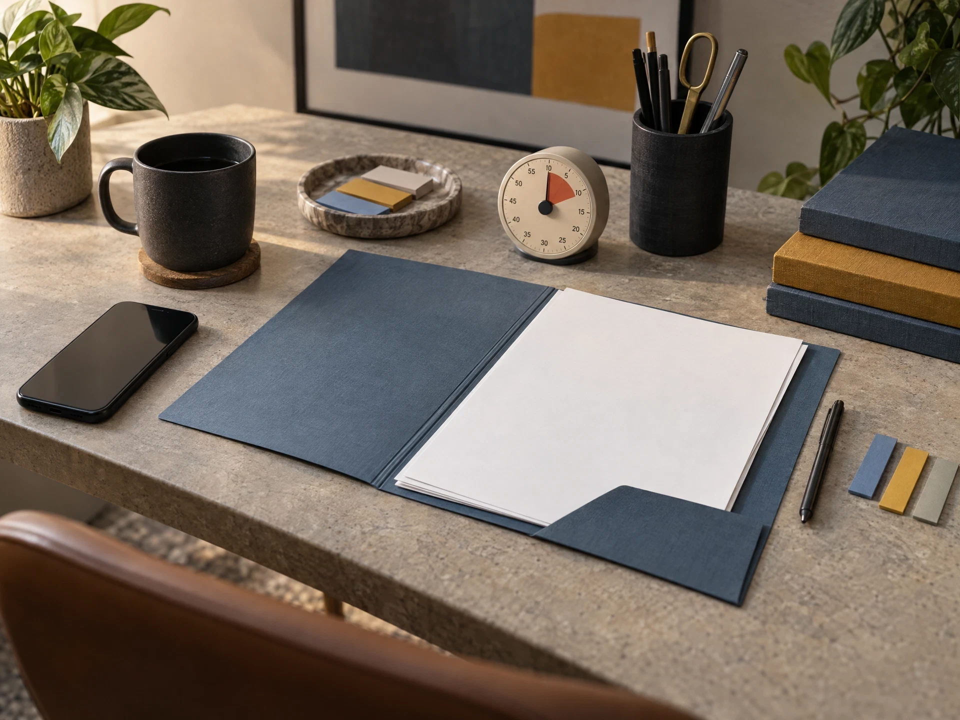 Generic phone, blank folder and timer arranged for a review session