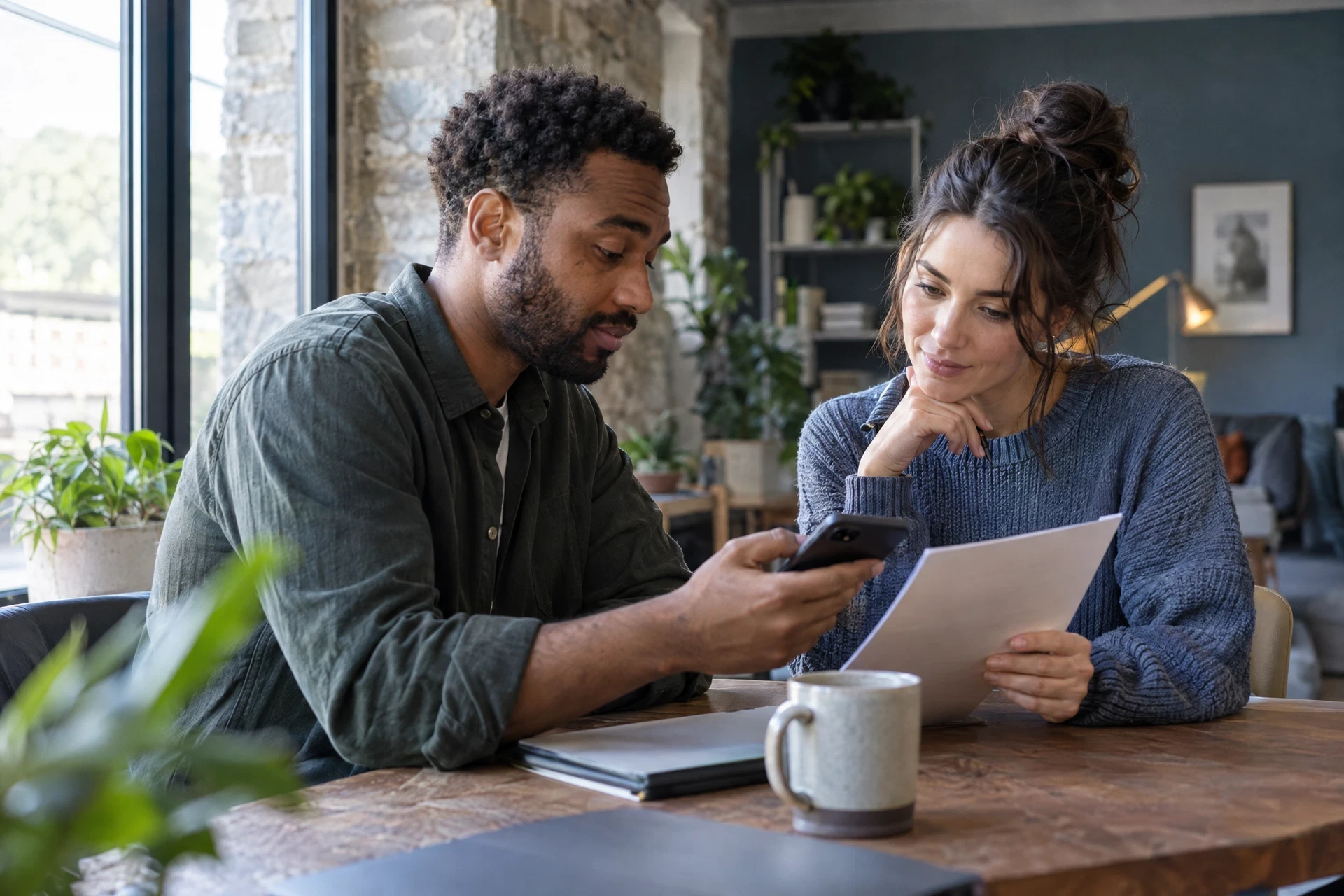 Two people calmly discussing a generic phone and unreadable checklist