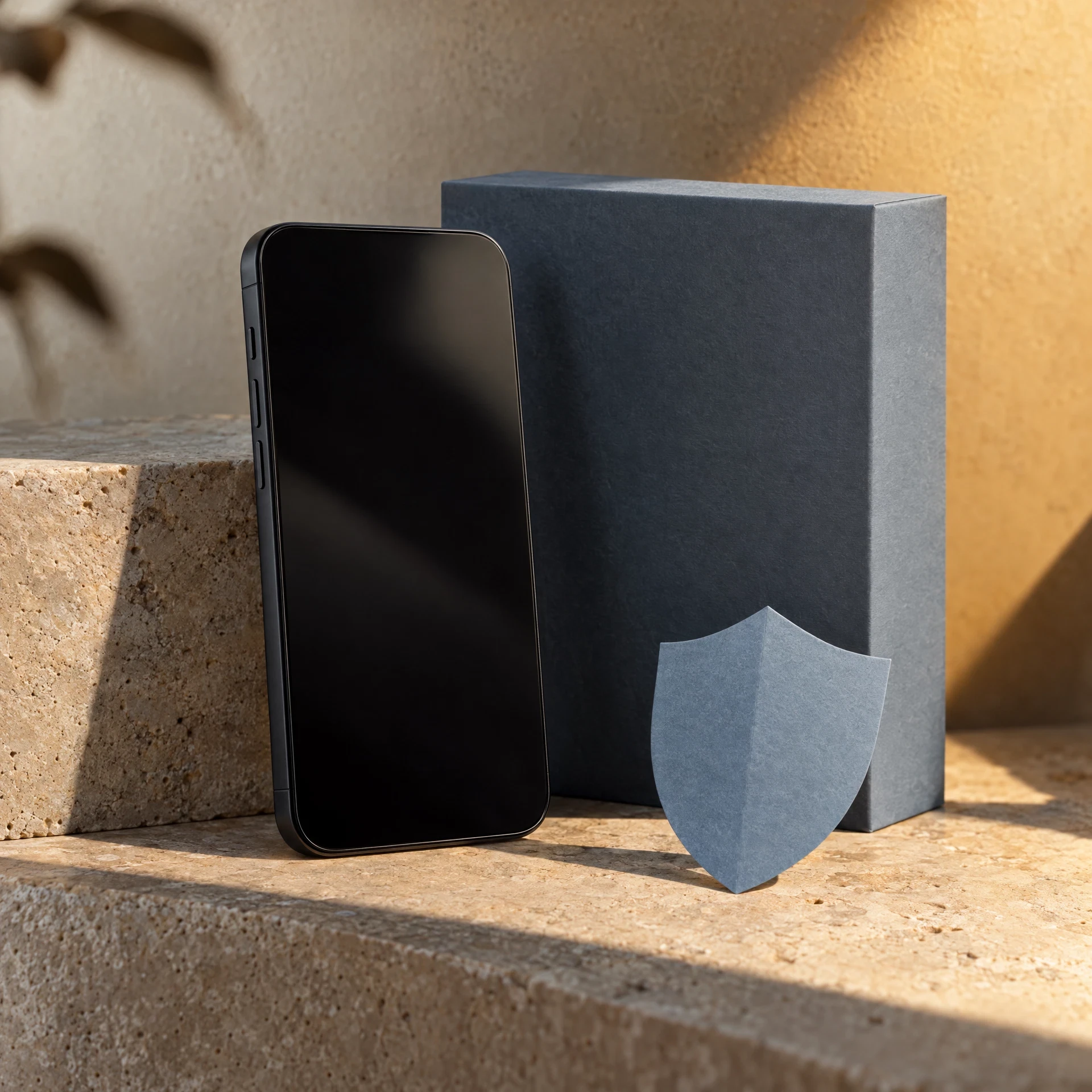 Unbranded phone standing beside a small abstract paper shield shape