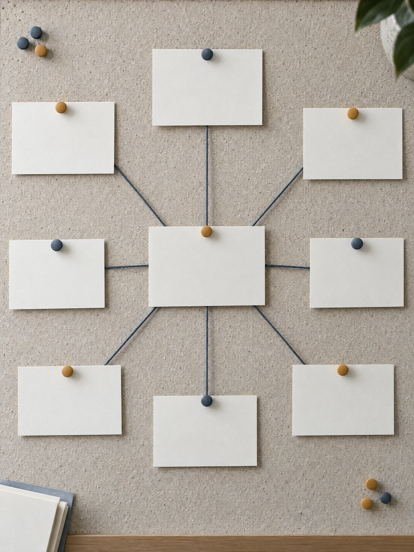 Blank policy cards connected by thin string on a pale board