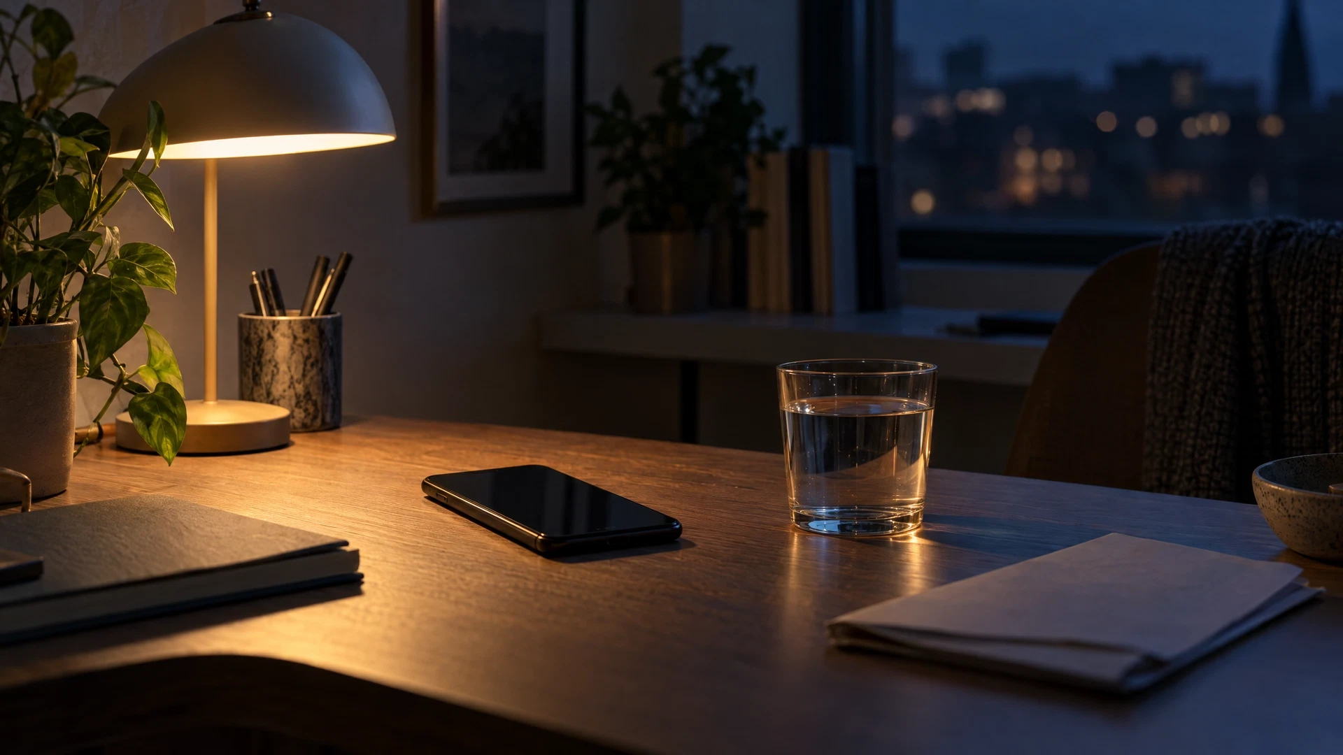 Quiet evening desk with an unbranded phone, glass of water and folded paper